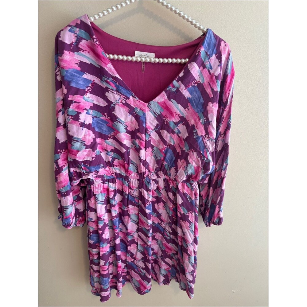 Emily Wonder dress size large pink, purple, and blue abstract brushstroke print